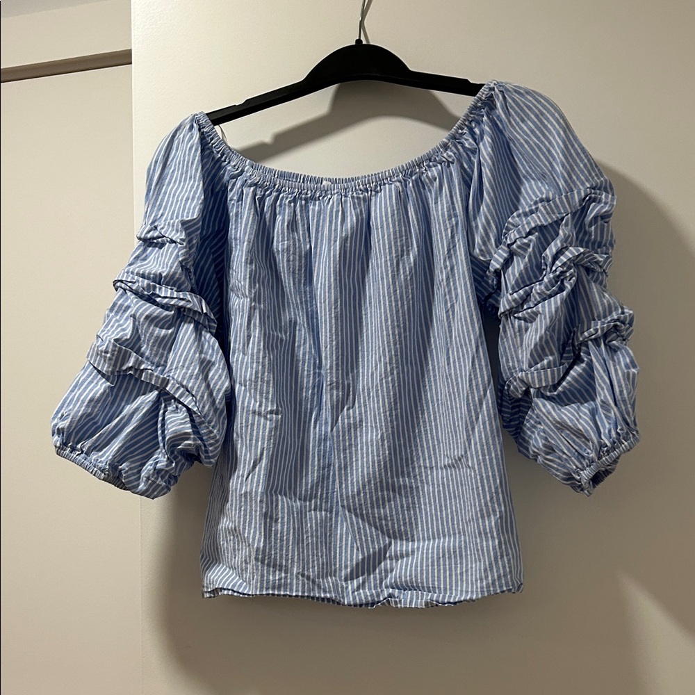 Avec Les Filles Blue & White Striped Off-Shoulder Puff Sleeve Blouse